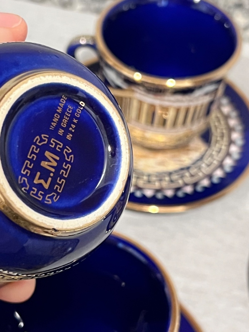 Greek Parthenon 24K Gold Cobalt Cup & Saucer Set 10 Pieces - Picture 12 of 15